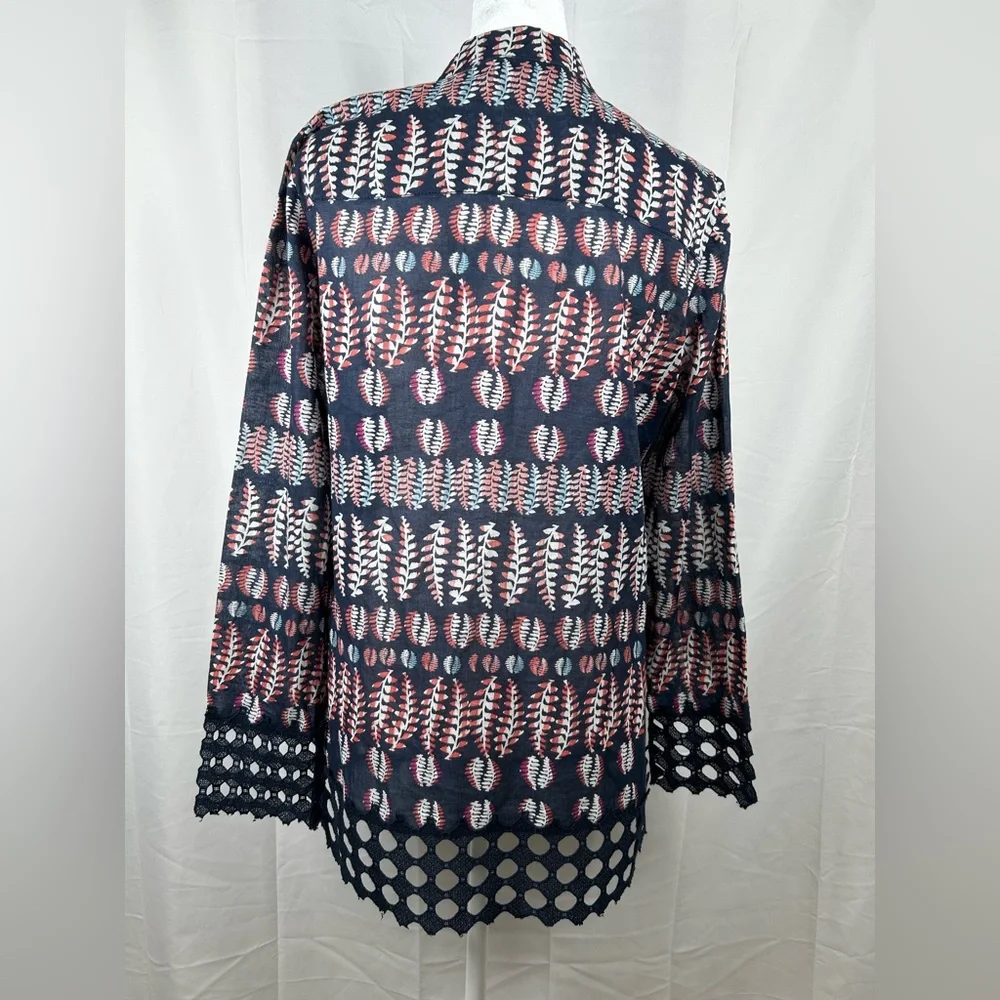 Tory Burch Fern Tunic Top Size 4 Navy Blue Crochet Cotton
